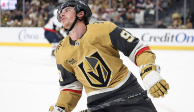 Vegas Golden Knights right wing Mitch Marner (93) reacts after shot is stopped against the Wash ...