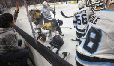 The Golden Knights fight the Utah Mammoth during the first period of Game 1 of a first-round NH ...
