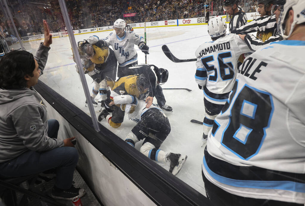 The Golden Knights fight the Utah Mammoth during the first period of Game 1 of a first-round NH ...