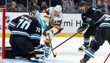 Vegas Golden Knights right wing Pavel Dorofeyev (16) passes the puck against Utah Mammoth goalt ...