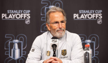 Vegas Golden Knights head coach John Tortorella speak at a press conference after Game 3 of the ...