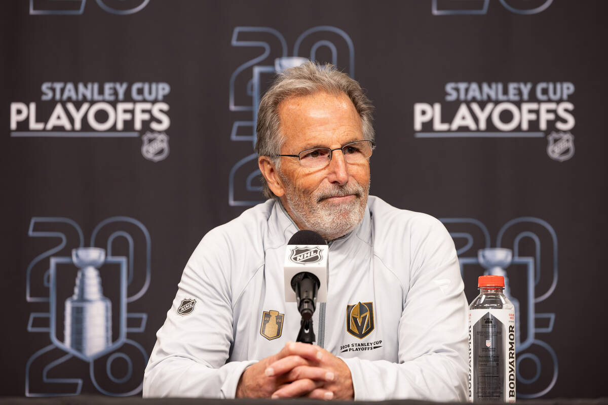 Vegas Golden Knights head coach John Tortorella speak at a press conference after Game 3 of the ...