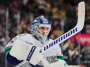 Kevin Lankinen takes a break during a stop in play against the Vegas Golden Knights at T-Mobile Arena on February 04, 2026 in Las Vegas, Nevada.