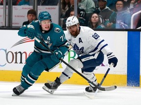 Macklin Celebrini #71 of the San Jose Sharks and William Nylander