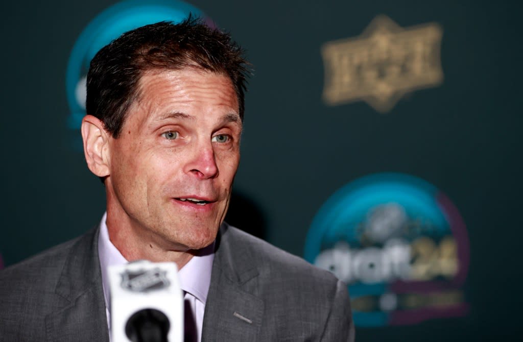 General manager Don Sweeney of the Boston Bruins speaks with the media before the first round of the 2024 Upper Deck NHL Draft at Sphere on June 28, 2024 in Las Vegas, Nevada. NHLI via Getty Images