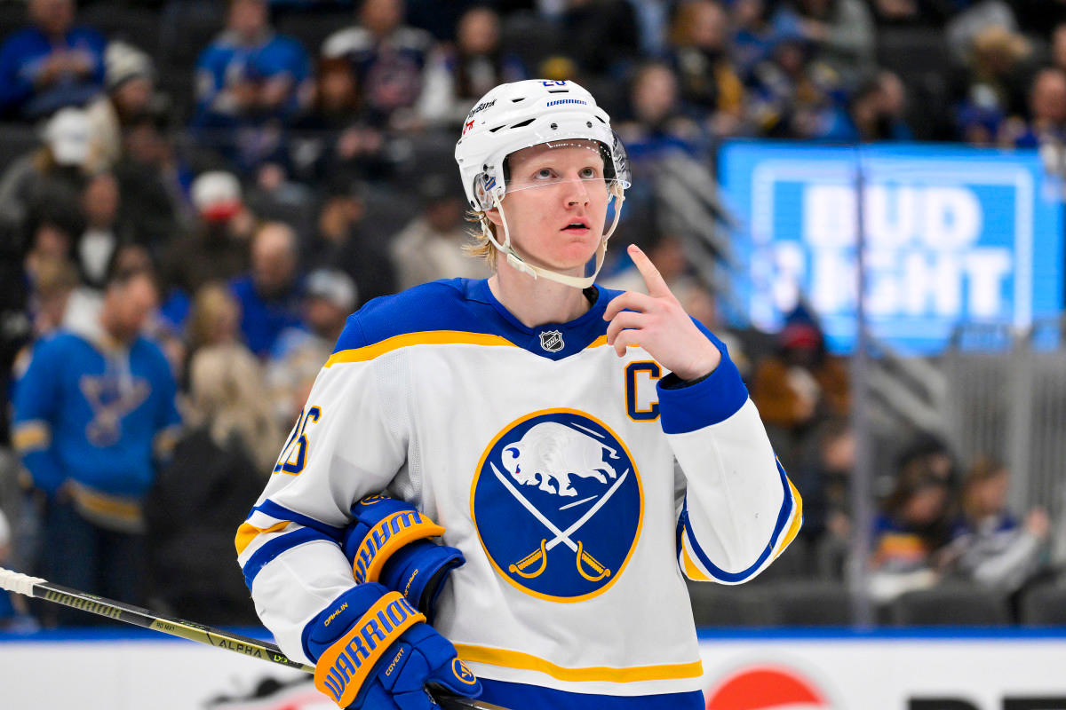 Buffalo Sabres defenseman Rasmus Dahlin (26) reacts at Enterprise Center.Jeff Curry-Imagn Images