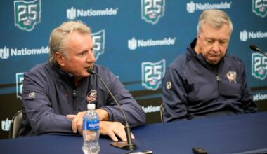 Columbus Blue Jackets center Adam Fantilli (19) reacts beside center Charlie Coyle (3) and left wing Mason Marchment (17) after scoring a goal during the NHL game against the New York Rangers at Nationwide Arena in Columbus on March 19, 2026. The Blue Jackets won 6-3.