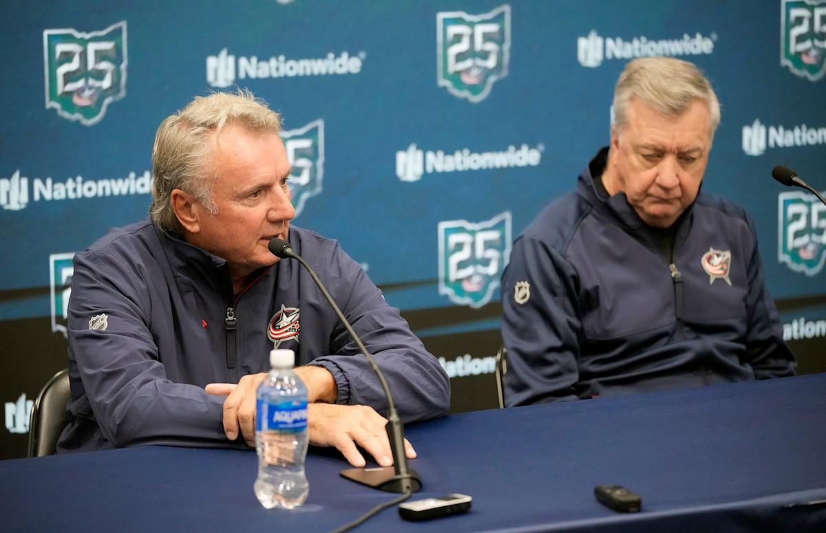 Columbus Blue Jackets center Adam Fantilli (19) reacts beside center Charlie Coyle (3) and left wing Mason Marchment (17) after scoring a goal during the NHL game against the New York Rangers at Nationwide Arena in Columbus on March 19, 2026. The Blue Jackets won 6-3.
