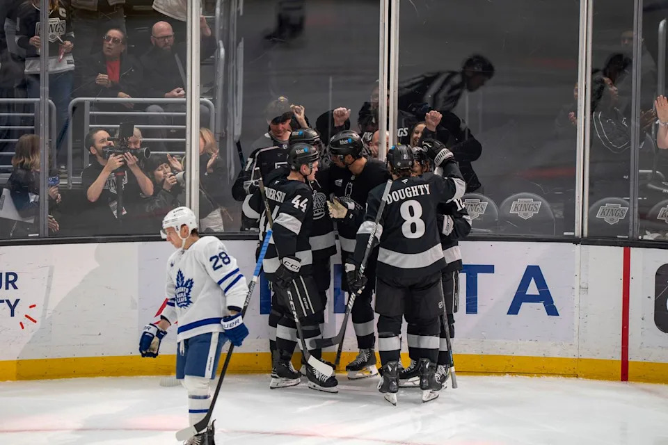 Los Angeles Kings celebrating a Quinton Byfield (55) goal during an NHL hockey game against the Toronto Maple Leafs on April 4th, 2026 in Los Angeles, CA.