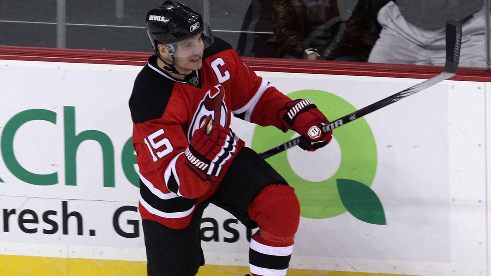 New Jersey Devils right wing Jamie Langenbrunner (15) celebrates after scoring during the third period against the New York Rangers at the Prudential Center. The Rangers won 4-3 in a shootout.