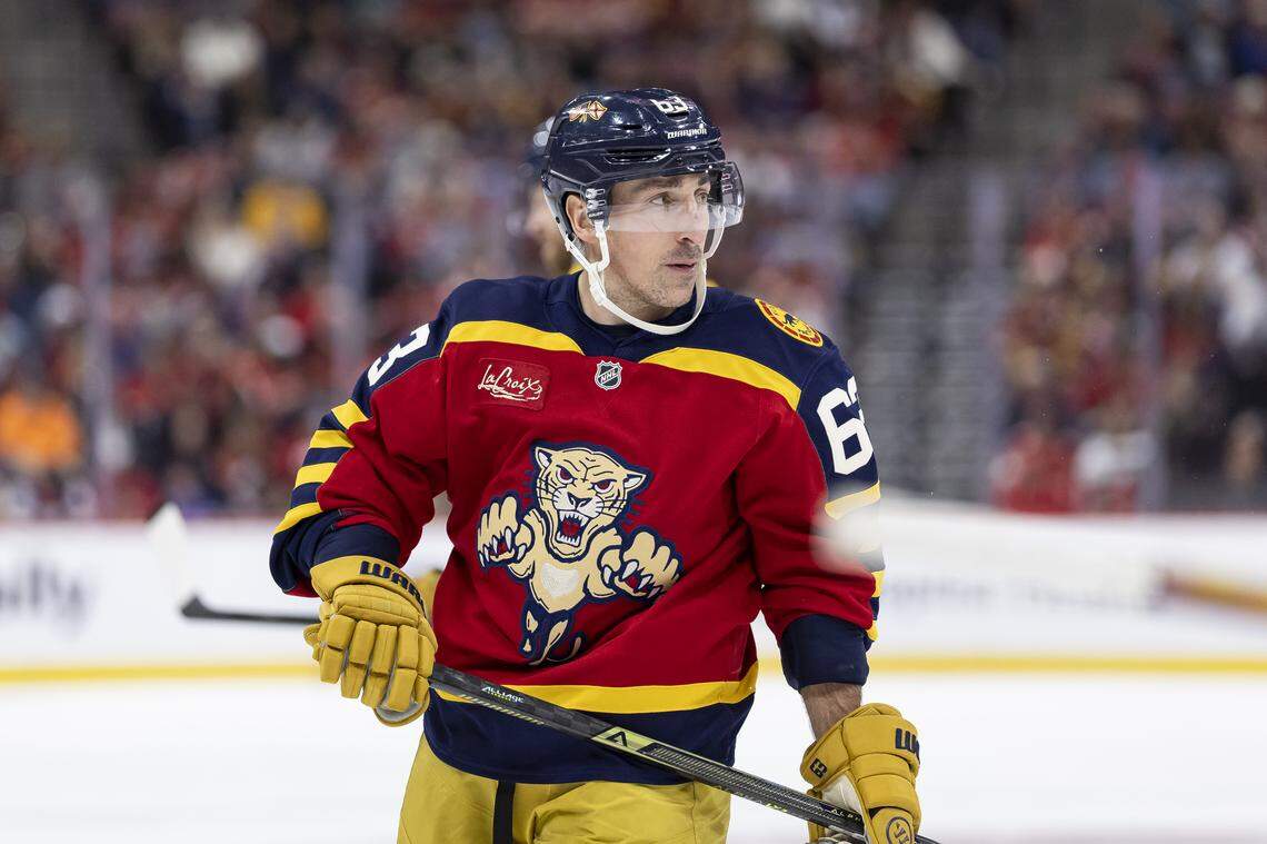 Florida Panthers left wing Brad Marchand (63) looks on during a timeout against the Boston Bruins in the second period of their NHL game at the Amerant Bank Arena on Wednesday, Feb. 4, 2026, in Sunrise, Fla.