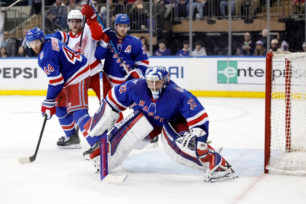 Goaltender Jonathan Quick #32 of the New York Rangers defends the net during the second period at Madison Square Garden.