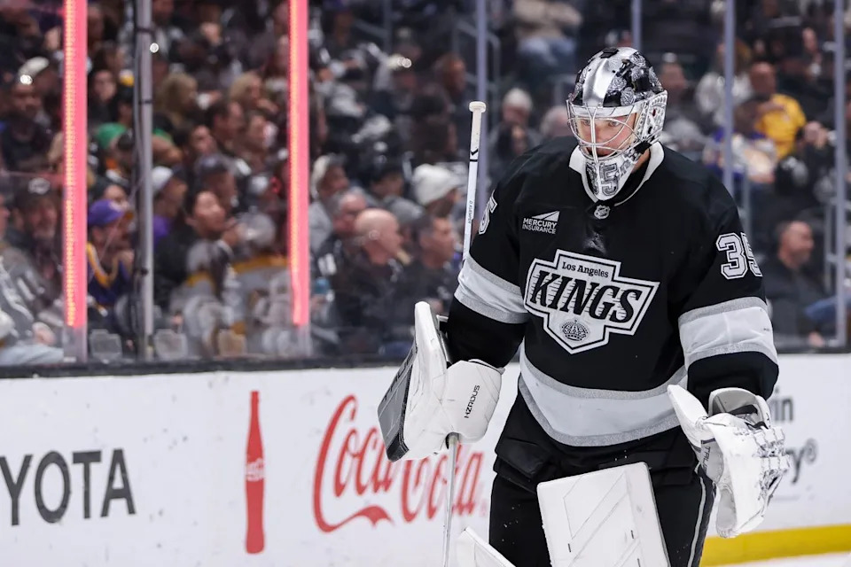 Darcy Kuemper #35 of the Los Angeles Kings on the ice after giving up a goal during an NHL hockey game against the Nashville Predators, Thursday April 2, 2026 in Los Angeles, Calif.