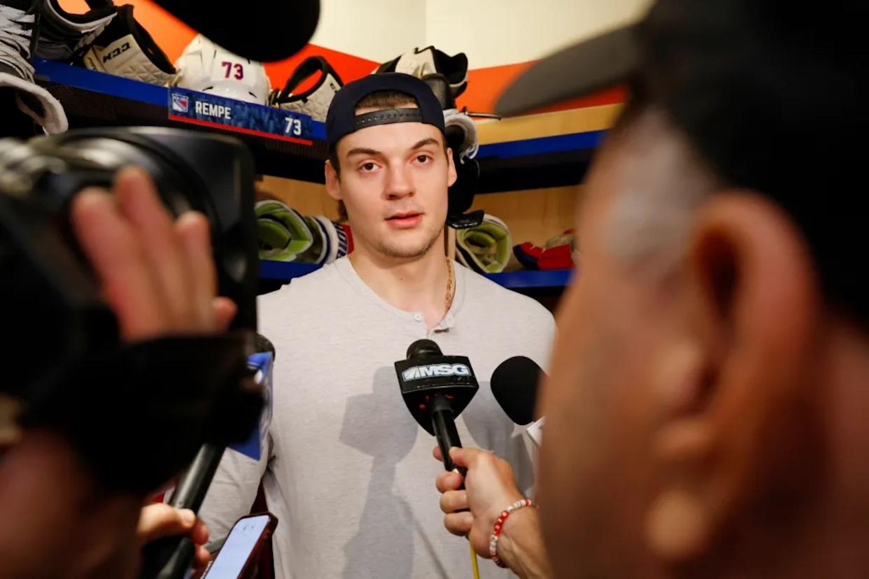 An image collage containing 1 images, Image 1 shows Rangers center Matt Rempe (73) when the New York Rangers held their end of season interviews Friday, April 17, 2026 at Madison Square Garden Training Center in Greenburgh, NY. 