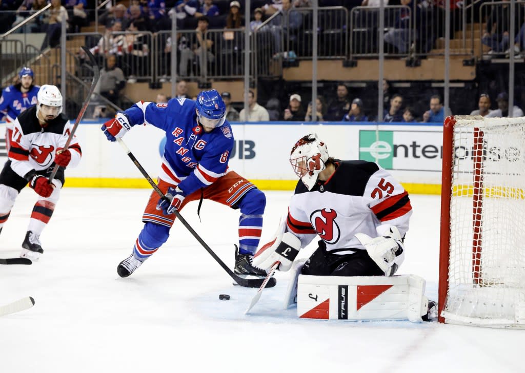 Center J.T. Miller #8 of the New York Rangers scores a goal past goaltender Jacob Markstrom #25 of the New Jersey Devils during the first period at Madison Square Garden, Tuesday, March 31, 2026. Jason Szenes for the New York Post