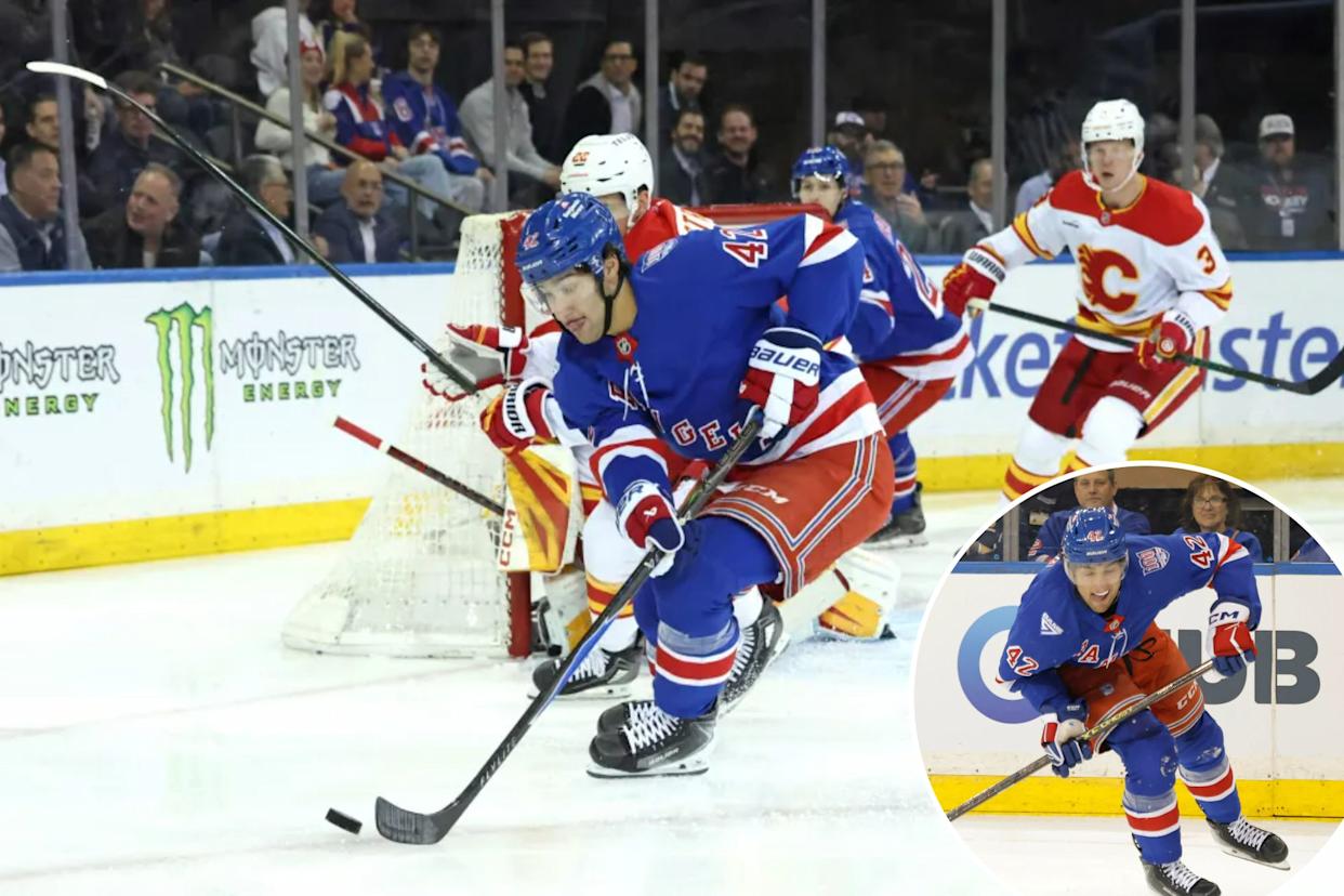 An image collage containing 2 images, Image 1 shows New York Rangers center Noah Laba #42 moves the puck down ice during the first period, Image 2 shows Noah Laba #42 of the New York Rangers takes a shot on Goal during the first period when the New York Rangers played the Washington Capitals Sunday, October 12, 2025