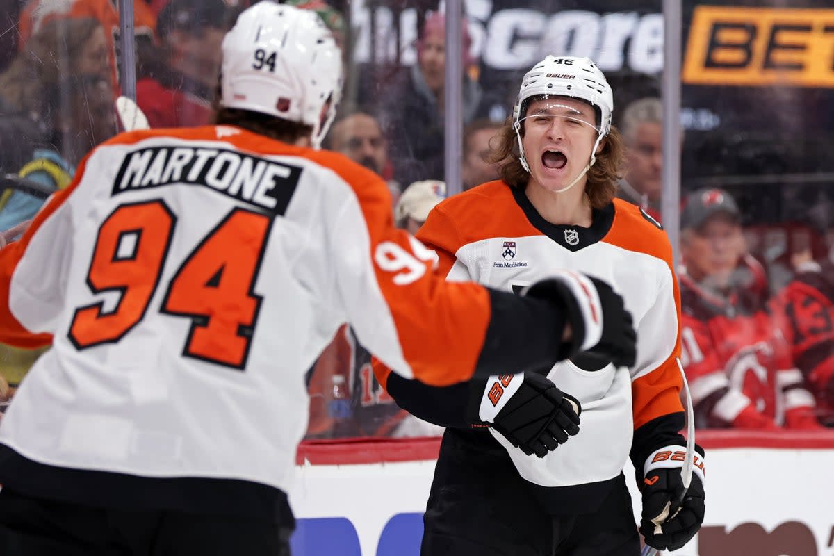 Flyers celebrating making it to the playoffs after defeating the Chicago Blackhawks (Copyright 2026 The Associated Press. All rights reserved.)