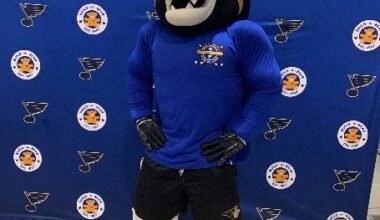 Lindenwood University’s mascot Leo poses for a photo wearing LU Night with the Blues shirt at Enterprise Center on March 15.