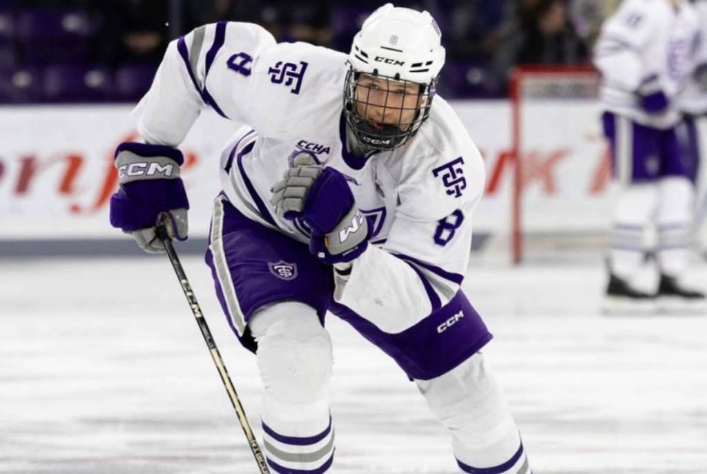 Former Kimberley resident and Dynamiter Caige Sterzer is one step closer to his dream of playing in the NHL, having committed to the AHL Hartford Wolf Pack, the affiliate team for the New York Rangers. He was signed to the Wolf Pack following two years with the St. Thomas Tommies. (University of Saint Thomas/Submitted).