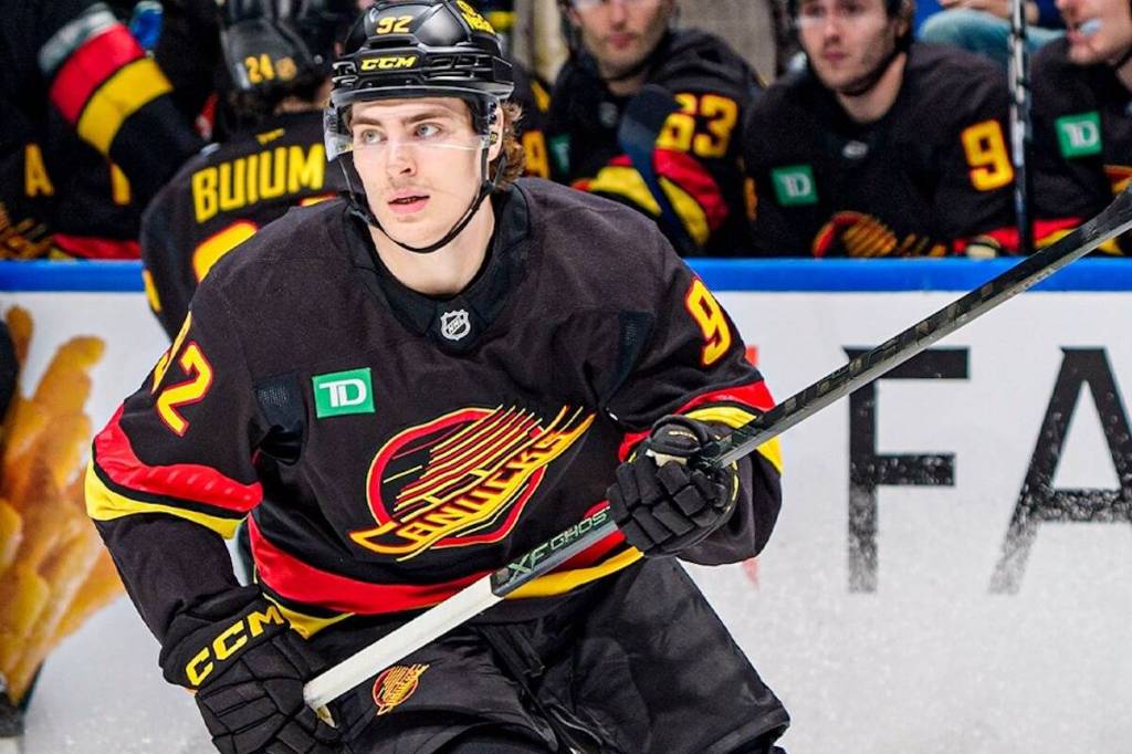 Vancouver Canucks forward Liam Ohgren, in action against the Vegas Golden Knights in an NHL game on Tuesday, April 7, 2026 at Rogers Arena. (https://x.com/Canucks)