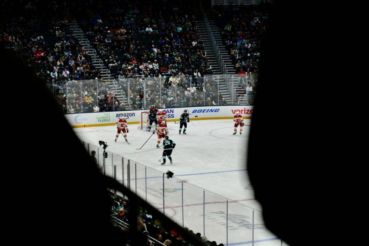 A crowd of 17,500 filled Climate Pledge Arena as the Seattle Kraken comfortably handled the Calgary Flames 4-1 on April 11. (Tony Trozzo/Victoria News)