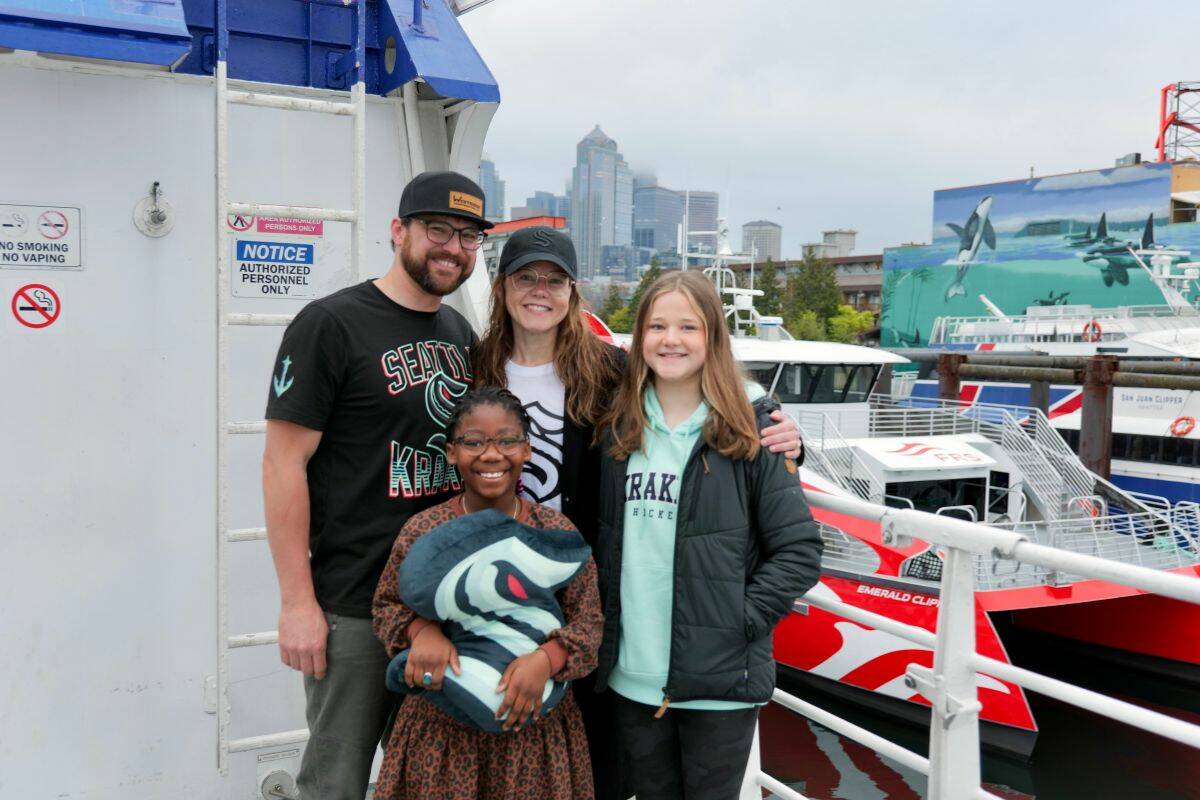 The Meyers family – Jason, Malory, Teaghan, and Maddie – spent four days in Victoria after travelling from Saskatchewan, before taking the Clipper to Seattle for the Kraken and Flames matchup on April 11. (Tony Trozzo/Victoria News) (Tony Trozzo/Victoria News)