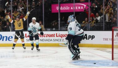 The Golden Knights score past Seattle Kraken goaltender Nikke Kokko (39) during the third period of an NHL hockey game at T-Mobile Arena on Wednesday, April 15, 2026, in Las Vegas. (Chase Stevens / Las Vegas Review-Journal / Tribune News Services)