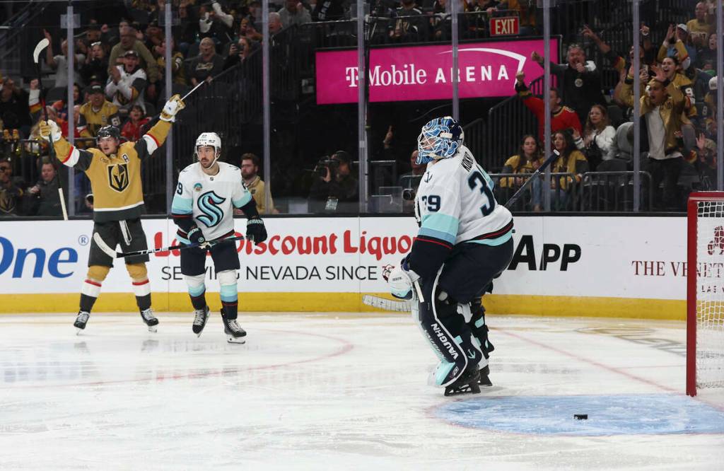 The Golden Knights score past Seattle Kraken goaltender Nikke Kokko (39) during the third period of an NHL hockey game at T-Mobile Arena on Wednesday, April 15, 2026, in Las Vegas. (Chase Stevens / Las Vegas Review-Journal / Tribune News Services)