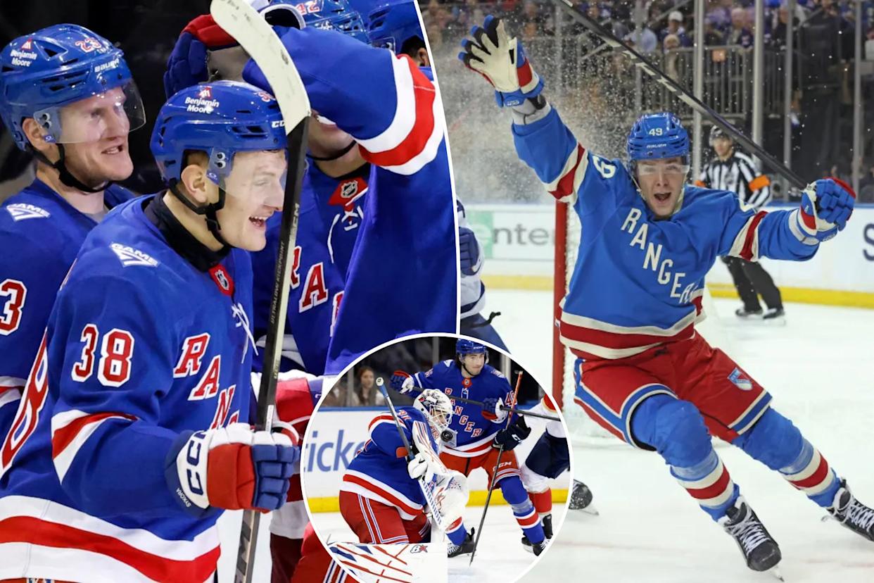 An image collage containing 3 images, Image 1 shows New York Rangers left wing Adam Sykora (C) celebrating his goal with his teammates, Image 2 shows New York Rangers player Jaroslav Chmelar (49) celebrates his first NHL goal against the Toronto Maple Leafs, Image 3 shows New York Rangers goaltender Igor Shesterkin makes a save while teammate Drew Fortescue protects the net from Florida Panthers left wing Nolan Foote
