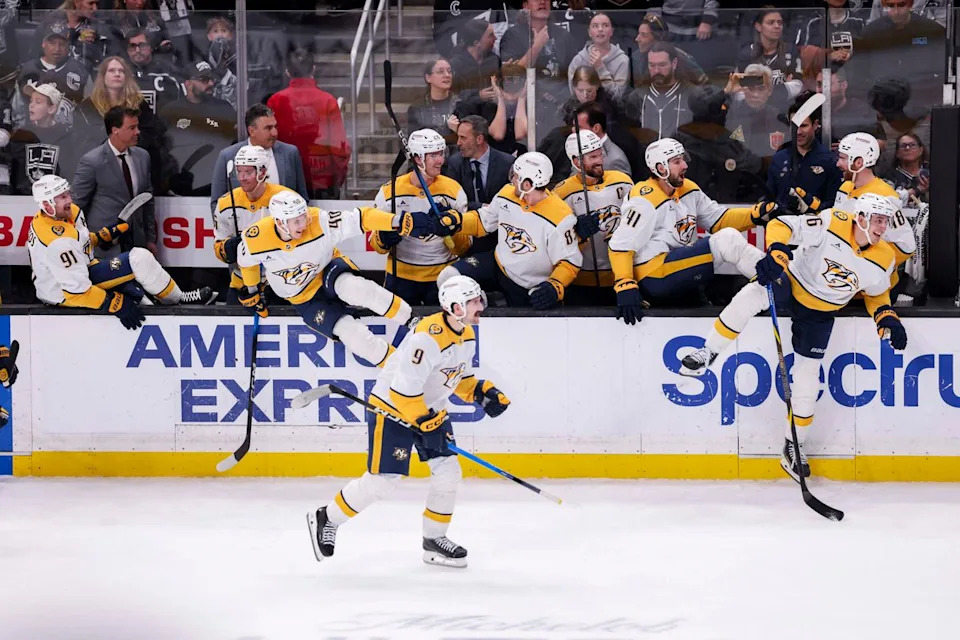 The Nashville Predators celebrate a shootout win over the Los Angeles Kings during an NHL hockey game, Thursday April 2, 2026 in Los Angeles, Calif. 