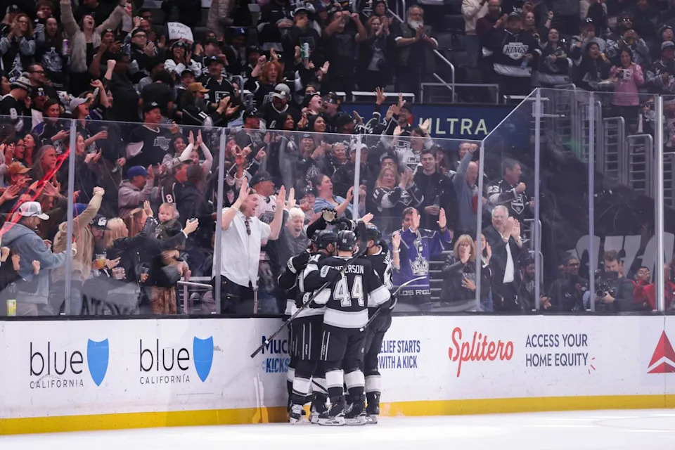 The Los Angeles Kings celebrate a goal during an NHL hockey game against the Nashville Predators, Thursday April 2, 2026 in Los Angeles, Calif.