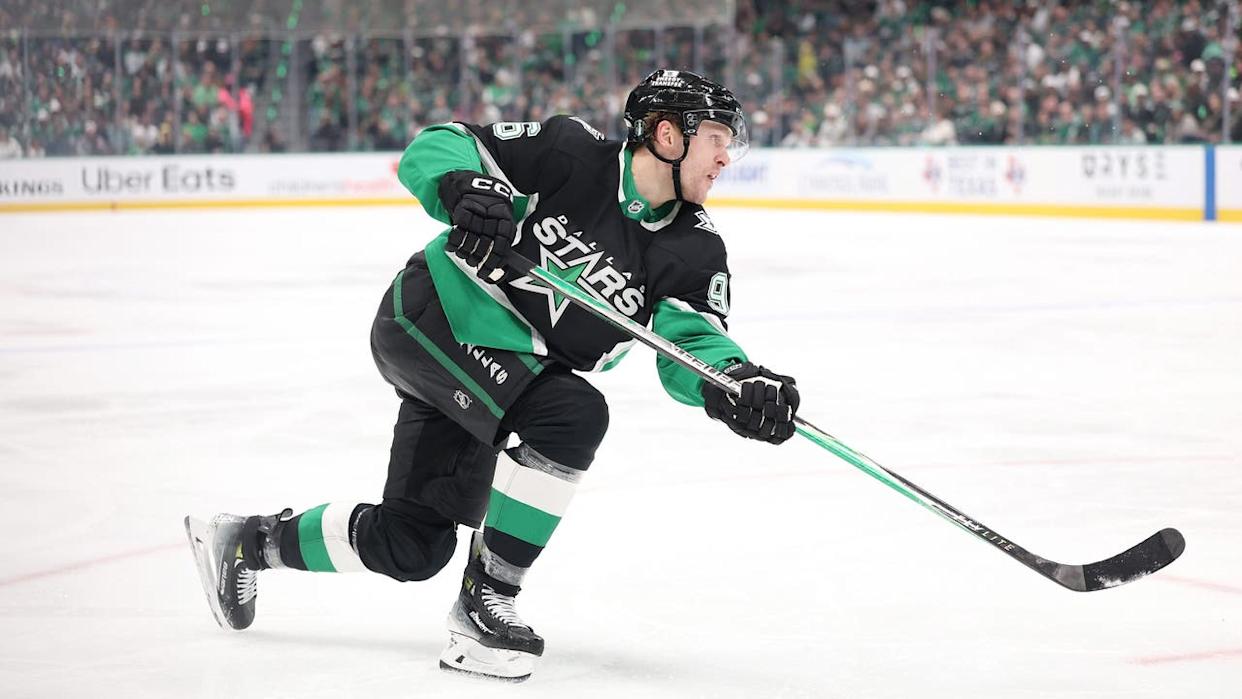 <div>DALLAS, TEXAS - APRIL 18: Mikko Rantanen #96 of the Dallas Stars takes a shot on goal against the Minnesota Wild during the third period of Game One of the First Round of the 2026 Stanley Cup Playoffs at the American Airlines Center on April 18, 2026 in Dallas, Texas. (Photo by Stacy Revere/Getty Images)</div>