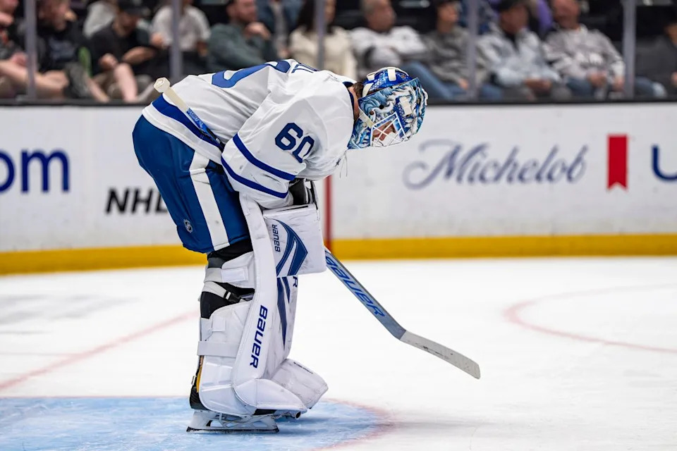 Toronto Maple Leafs goalie Joseph Woll (60) taking a breather during an NHL hockey game against the Los Angeles Kings on April 4th, 2026 in Los Angeles, CA.