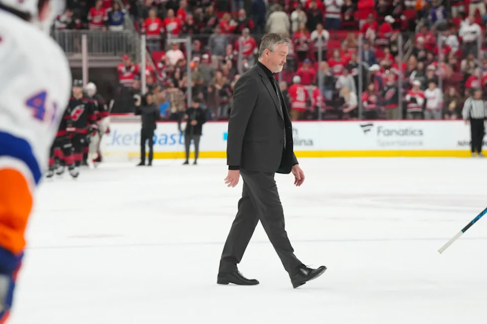 New York Islanders head coach Patrick Roy walks off the ice at Lenovo Center. Mandatory Credit: James Guillory-Imagn Images