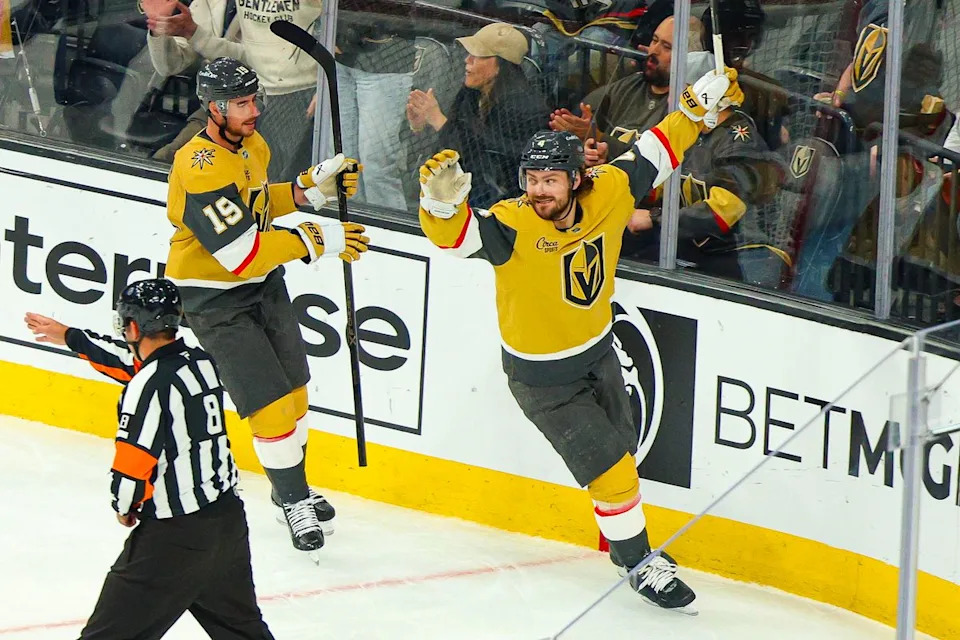 Vegas Golden Knights D Rasmus Andersson (4) celebrates after scoring a goal against the Vancouver Canucks on Monday, March 30, 2026, in Las Vegas, Nevada.