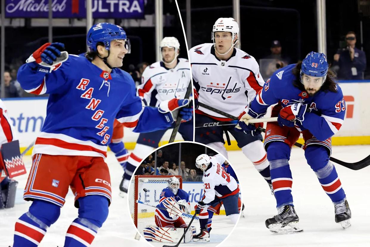 An image collage containing 3 images, Image 1 shows Conor Sheary (R) scores past Washington Capitals goaltender Charlie Lindgren in the first period at Madison Square Garden in New York, USA, Sunday, April 05, 2026, Image 2 shows Mika Zibanejad and Jakob Chychrun skate for the puck during an NHL game, Image 3 shows New York Rangers goaltender Igor Shesterkin (L) makes a save on a tipped shot by Washington Capitals left wing Aliaksei Protas (C) in the second period at Madison Square Garden in New York, USA, Sunday, April 05, 2026. 