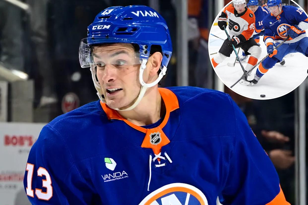 An image collage containing 2 images, Image 1 shows Mathew Barzal is being moved back to center for the Islanders' stretch run, Image 2 shows Mathew Barzal battles for Trevor Zegras for the puck during the Islanders' loss to the Flyers on April 3, 2026 at UBS Arena