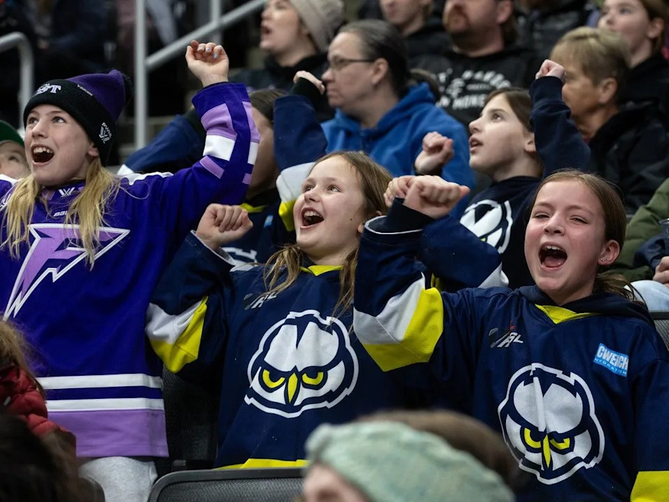  Young hockey fans cheer on the Minnesota Frost and Vancouver Goldeneyes during the second period of PWHL Takeover Tour at Rogers Place in Edmonton on Saturday Dec. 27, 2025.