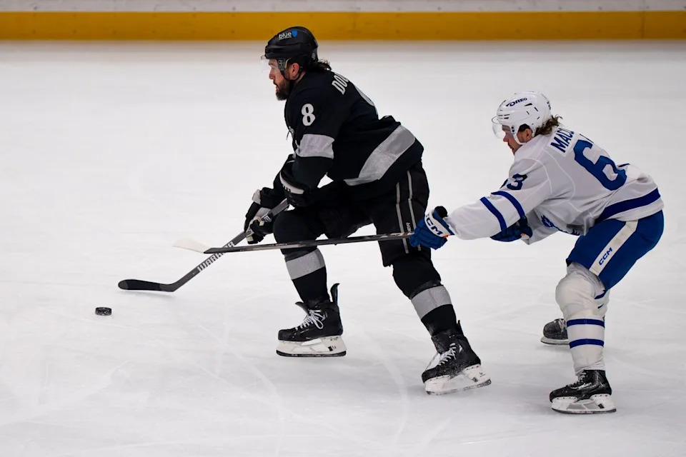 Los Angeles Kings defenseman Drew Doughty (8) skating with the puck during an NHL hockey game against the Toronto Maple Leafs on April 4th, 2026 in Los Angeles, CA.