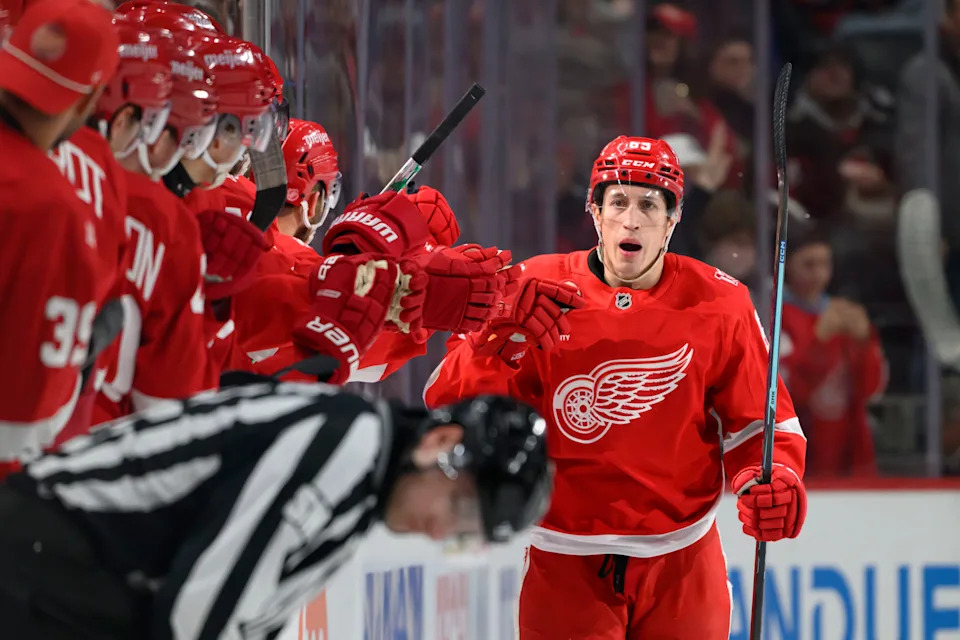 Detroit right wing Dominik Shine high fives his teammates after scoring a goal during the second period of a game between the Detroit Red Wings and the Ottawa Senators at Little Caesars Arena, in Detroit, March 24, 2026.