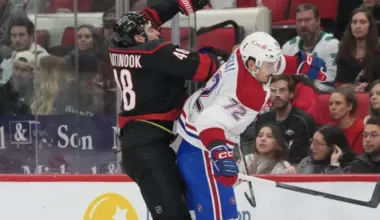 Montréal Canadiens defenseman Arber Xhekaj (72) checks Carolina Hurricanes left wing Jordan Martinook (48) at Lenovo Center.