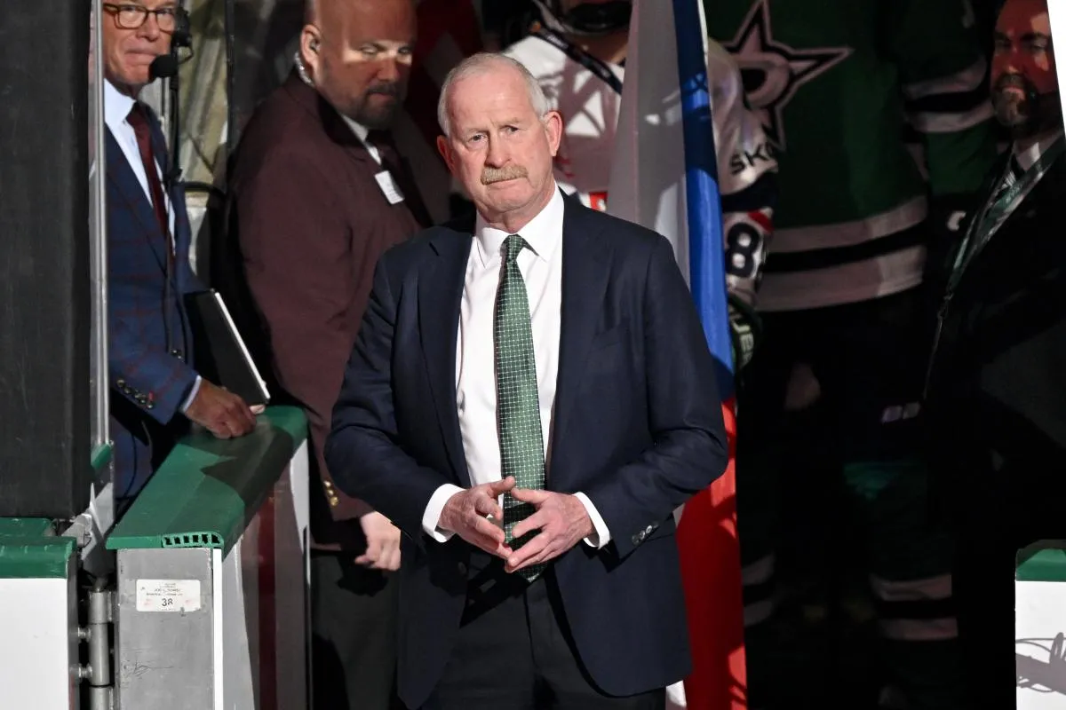 Dallas Stars general manager Jim Nill is celebrate as the Stars honor their 2026 Winter Olympics hockey players before the game against the St. Louis Blues at the American Airlines Center.