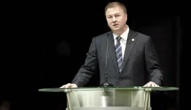 Mike Gillis gives a speech as the Vancouver Canucks host Markus Naslund night to retire his jersey at Rogers Arena.