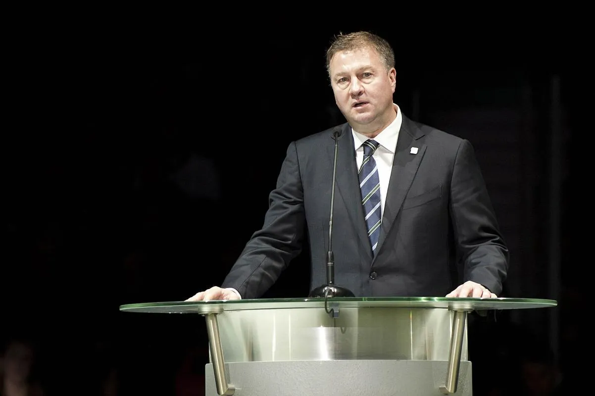 Mike Gillis gives a speech as the Vancouver Canucks host Markus Naslund night to retire his jersey at Rogers Arena.