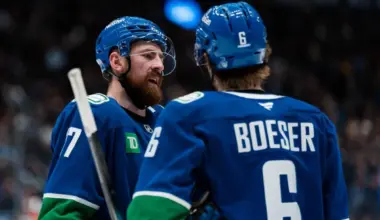 Vancouver Canucks defenseman Filip Hronek (17) talks with forward Brock Boeser (6) during a stop in play against the Los Angeles Kings in the second period at Rogers Arena.