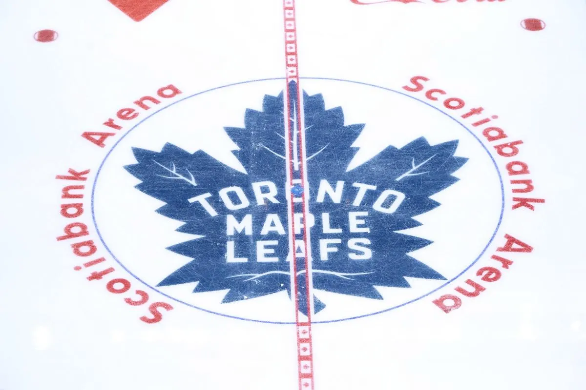 The Toronto Maple Leafs logo at center ice before game one of the first round of the 2025 Stanley Cup Playoffs against the Ottawa Senators at Scotiabank Arena.