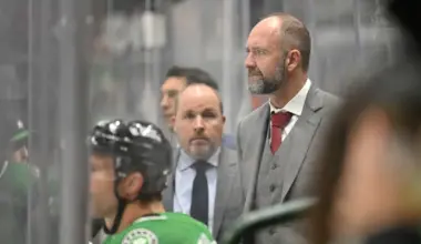 Dallas Stars head coach Peter DeBoer watches the game between the Stars and the Boston Bruins during the second period at the American Airlines Center.