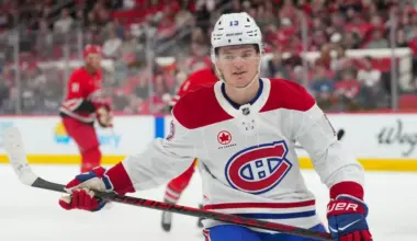 Montreal Canadiens right wing Cole Caufield (13) scores a goal against the Carolina Hurricanes during the second period at Lenovo Center.