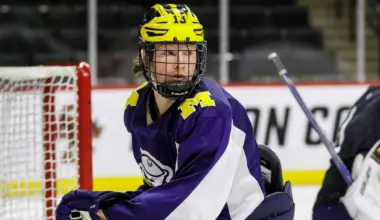 Michigan forward T.J. Hughes (13) practice as they prepare for the semifinal game against Boston College at Xcel Energy Center in St. Paul, Minn. on Wednesday, April 10, 2024.