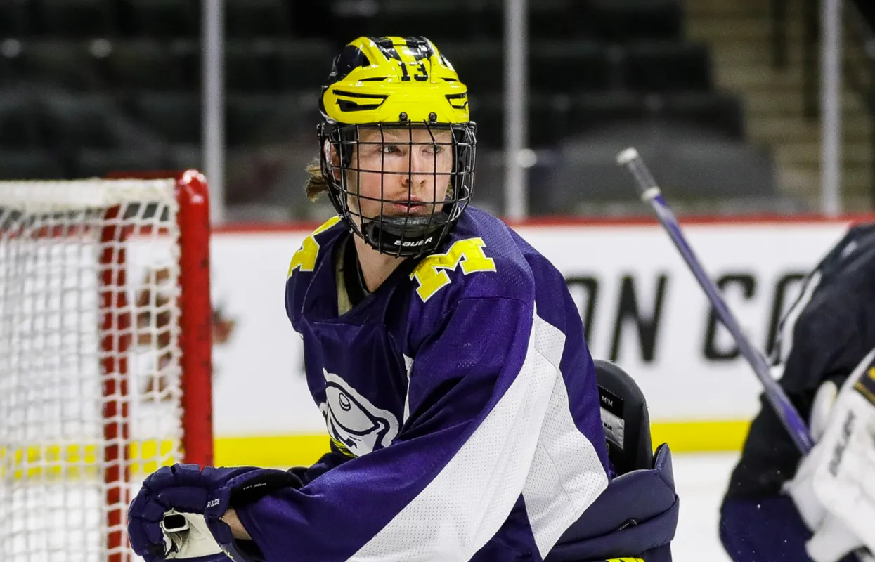Michigan forward T.J. Hughes (13) practice as they prepare for the semifinal game against Boston College at Xcel Energy Center in St. Paul, Minn. on Wednesday, April 10, 2024.